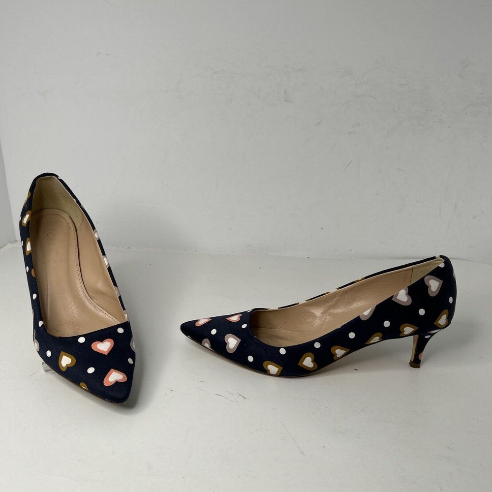 J Crew DULCI Heart‎ Print Court Shoes  US 7.5 Kitten Heel Navy Blue Pointed